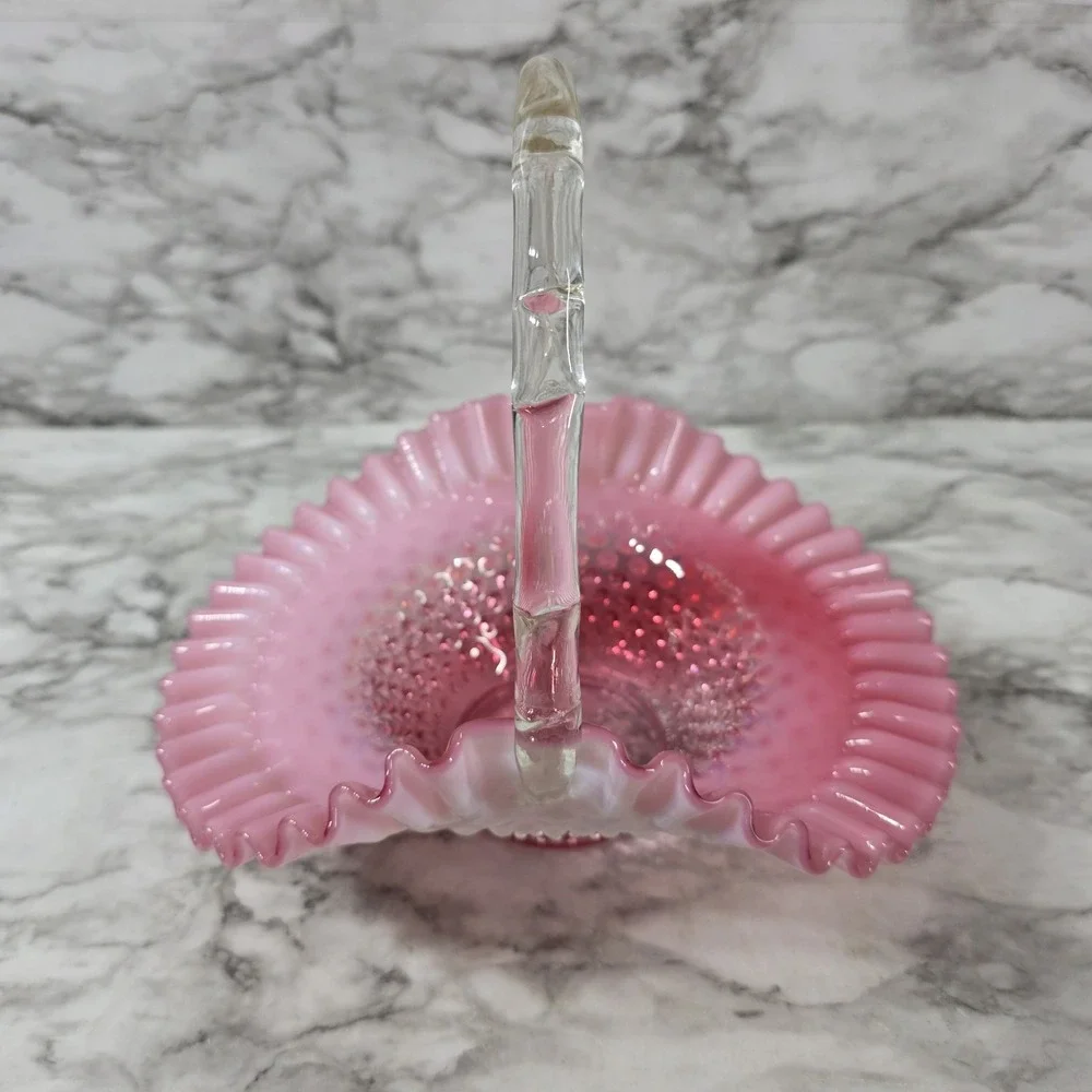 VINTAGE FENTON LARGE CRANBERRY OPALESCENT RUFFLED EDGE HOBNAIL BASKET 1950'S
